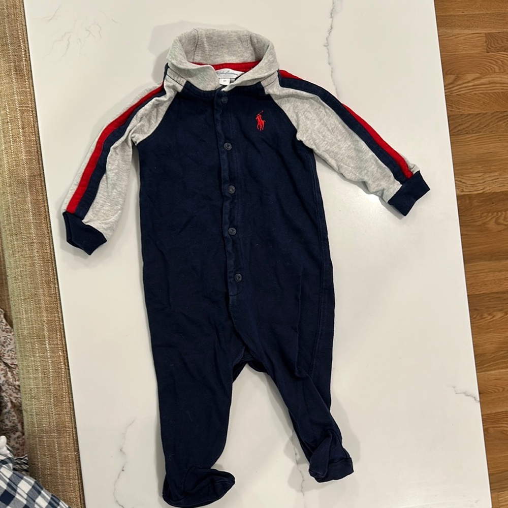 Polo by Ralph Lauren Navy and Gray Kids Footie with Red Stripes